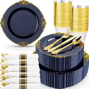 350Pcs Blue Plastic Plates - Blue Gold Plastic Dinnerware Sets for 50 Guests - 100 Navy Gold Disposable Plates, 50 Pre Rolled Silverware, 50 Cups Perfect for Wedding & Party & Memorial Day 350Pcs Blue Plastic Plates - Blue Gold Plastic Dinnerware Sets for 50 Guests - 100 Navy Gold Disposable Plates, 50 Pre Rolled Silverware, 50 Cups Perfect for Wedding & Party & Memorial Day
