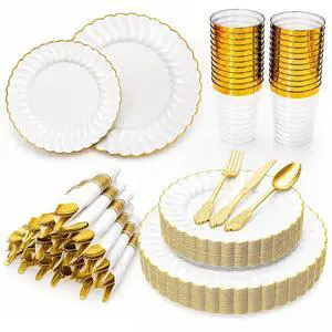 175PCS White and Gold Plastic Plates Set - Heavy Duty Disposable Dinner & Dessert Plates for 25 Guests - Perfect for Graduation Party, Wedding, Birthday, Easter, Baby Shower, Celebration 175PCS White and Gold Plastic Plates Set - Heavy Duty Disposable Dinner & Dessert Plates for 25 Guests - Perfect for Graduation Party, Wedding, Birthday, Easter, Baby Shower, Celebration