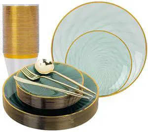 180 PCS Disposable Dinnerware Set with Gold Rim for 30 Guests,Green Plastic Plates Include 30 Dinner Plate, 30 Dessert Plates, 30 Cups, 90 Heavy Duty Gold Plastic Silverware for Party & Wedding 180 PCS Disposable Dinnerware Set with Gold Rim for 30 Guests,Green Plastic Plates Include 30 Dinner Plate, 30 Dessert Plates, 30 Cups, 90 Heavy Duty Gold Plastic Silverware for Party & Wedding