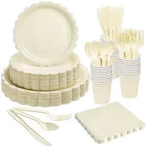 Ivory Scalloped Disposable Tableware Set - 350PCS (50 Guests), 7"&9" Plates, 9oz Cups, Napkins, Cutlery, Food Grade, Waterproof & Oil-Proof for Birthday, Wedding, Bridal&Baby Shower Ivory Scalloped Disposable Tableware Set - 350PCS (50 Guests), 7"&9" Plates, 9oz Cups, Napkins, Cutlery, Food Grade, Waterproof & Oil-Proof for Birthday, Wedding, Bridal&Baby Shower
