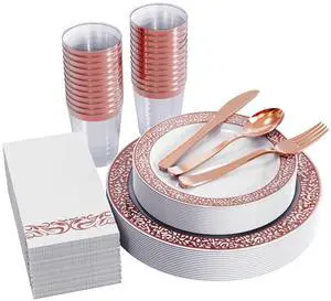 175 Ct Rose Gold Dinnerware Set for 25 Guests, Plastic Plates with Rose Gold Lace Rim Design, Including 25 Disposable Dinner & Dessert Plates, Cups, Napkins, Cutlery Set 175 Ct Rose Gold Dinnerware Set for 25 Guests, Plastic Plates with Rose Gold Lace Rim Design, Including 25 Disposable Dinner & Dessert Plates, Cups, Napkins, Cutlery Set