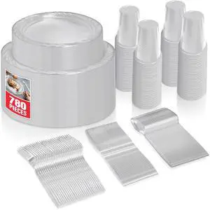 780 Piece Clear Plastic Dinnerware Set, Service for 120 Guests, Heavy Duty Every Day Use Plastic Plates, Cups, and Utensils, Disposable Dinnerware Set for Weddings, Graduations, and Birthday Parties 780 Piece Clear Plastic Dinnerware Set, Service for 120 Guests, Heavy Duty Every Day Use Plastic Plates, Cups, and Utensils, Disposable Dinnerware Set for Weddings, Graduations, and Birthday Parties