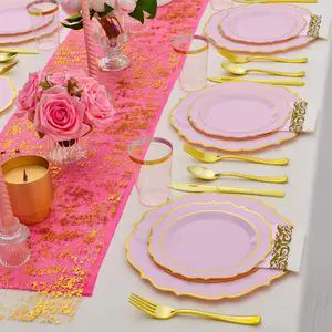 175 PCS Pink Plastic Plates for 25 Guests, Pink and Gold Disposable Dinnerware Set for Party Wedding Include 25 Dinner & 25 Dessert Plates, Spoons, Forks, Knives, Cups, 25 Napkins 175 PCS Pink Plastic Plates for 25 Guests, Pink and Gold Disposable Dinnerware Set for Party Wedding Include 25 Dinner & 25 Dessert Plates, Spoons, Forks, Knives, Cups, 25 Napkins
