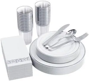 175 Count Silver Dinnerware Set for 25 Guests - Silver Rimmed Disposable Plastic Plates Heavy Duty, Includes 25 Dinner & Salad Plates, Cups, Cutlery Set for Wedding Parties 175 Count Silver Dinnerware Set for 25 Guests - Silver Rimmed Disposable Plastic Plates Heavy Duty, Includes 25 Dinner & Salad Plates, Cups, Cutlery Set for Wedding Parties