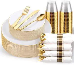 175PCS Gold Plates Disposable - Heavy Duty White and Gold Plastic Plates Dinnerware Sets - 25 for Dinner 25 for Dessert 25 Pre Rolled Napkins and 25 Cups for Birthday/Wedding/Party 175PCS Gold Plates Disposable - Heavy Duty White and Gold Plastic Plates Dinnerware Sets - 25 for Dinner 25 for Dessert 25 Pre Rolled Napkins and 25 Cups for Birthday/Wedding/Party