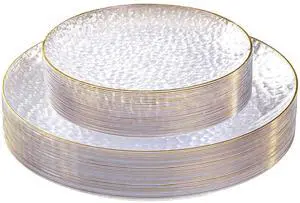 36Pcs Clear Plastic Plates, Hammered Plates Disposable Heavy Duty, Clear Disposable Plates With Gold Rim, Fancy Plastic plates Include 18 Dinner plate and 18 Dessert plate for Wedding 36Pcs Clear Plastic Plates, Hammered Plates Disposable Heavy Duty, Clear Disposable Plates With Gold Rim, Fancy Plastic plates Include 18 Dinner plate and 18 Dessert plate for Wedding