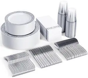 350 Ct Silver Dinnerware Set for 50 Guests, Silver Lace Plastic Plates Disposable Heavy Duty, Including 50 Dinner & Dessert Plates, Cups, Napkins, Cutlery Set 350 Ct Silver Dinnerware Set for 50 Guests, Silver Lace Plastic Plates Disposable Heavy Duty, Including 50 Dinner & Dessert Plates, Cups, Napkins, Cutlery Set
