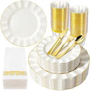 175PCS Gold and Ivory Plastic Dinnerware Set, Plastic Party Plates for 25 Guests, 50 Disposable Plates, 25 Heavy Duty Silverware, 25 Cups, 25 Napkins for Party and Wedding 175PCS Gold and Ivory Plastic Dinnerware Set, Plastic Party Plates for 25 Guests, 50 Disposable Plates, 25 Heavy Duty Silverware, 25 Cups, 25 Napkins for Party and Wedding