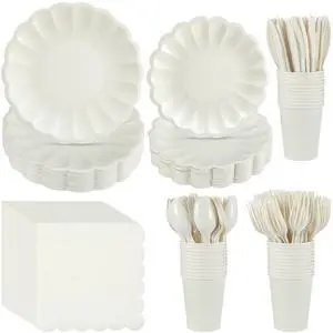 350 Pcs Ivory Scalloped Paper Plates and Napkins Party Supplies for 50 Guests Cream White Disposable Plastic Tableware Cups Spoons Forks Knives for Wedding Baby Shower Picnic Birthday Party 350 Pcs Ivory Scalloped Paper Plates and Napkins Party Supplies for 50 Guests Cream White Disposable Plastic Tableware Cups Spoons Forks Knives for Wedding Baby Shower Picnic Birthday Party