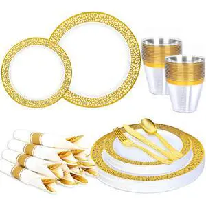 70Pcs Gold Plastic Dinnerware for 10 Guests,Gold Lace Disposable Plastic Plates Including 10 Dinner&Dessert Plates,Cups,Plastic Silverware for Party,Birthday,Wedding 70Pcs Gold Plastic Dinnerware for 10 Guests,Gold Lace Disposable Plastic Plates Including 10 Dinner&Dessert Plates,Cups,Plastic Silverware for Party,Birthday,Wedding