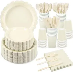 350 Pcs Ivory Dinnerware Sets, 9" Party Plates, 7" Cream Dessert Plate, 9oz Cups & Cutlery, 50 Guest Beige Scalloped Disposable Plates Set for Baby Bridal Shower, Wedding, Birthday 350 Pcs Ivory Dinnerware Sets, 9" Party Plates, 7" Cream Dessert Plate, 9oz Cups & Cutlery, 50 Guest Beige Scalloped Disposable Plates Set for Baby Bridal Shower, Wedding, Birthday
