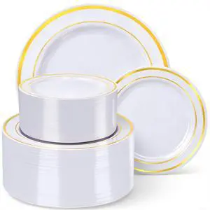 120PCS Gold Plastic Plates, Heavy Duty White and Gold Disposable Party Plates, 60 Dinner Plates and 60 Dessert Plates, Plastic Plates for Party Wedding Baby Shower Birthday 120PCS Gold Plastic Plates, Heavy Duty White and Gold Disposable Party Plates, 60 Dinner Plates and 60 Dessert Plates, Plastic Plates for Party Wedding Baby Shower Birthday