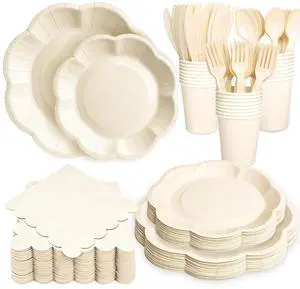 208 Pcs Cream Paper Plates And Napkins Set Party Supplies - For 26 Guests Paper Plates And Napkins Knives Spoons Forks Cups - For Baby Shower Bridal Shower Wedding 208 Pcs Cream Paper Plates And Napkins Set Party Supplies - For 26 Guests Paper Plates And Napkins Knives Spoons Forks Cups - For Baby Shower Bridal Shower Wedding