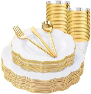 180PCS White and Gold Plastic Plates Disposable - White with Gold Rim Dinnerware Set Include 30 Guests Dinner & Dessert Plates, Cups, Cutlery Set for Wedding, Party & Thanksgiving Table Decor 180PCS White and Gold Plastic Plates Disposable - White with Gold Rim Dinnerware Set Include 30 Guests Dinner & Dessert Plates, Cups, Cutlery Set for Wedding, Party & Thanksgiving Table Decor