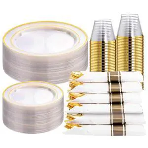 210PCS Clear-Gold Plastic Plates - Dinnerware Sets for 30 Guests - 60 Disposable Plates, 90 Plastic Silverware, 30 Cups, 30 Napkins for Party 210PCS Clear-Gold Plastic Plates - Dinnerware Sets for 30 Guests - 60 Disposable Plates, 90 Plastic Silverware, 30 Cups, 30 Napkins for Party