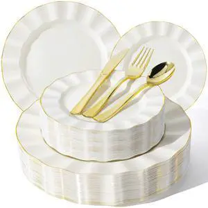250PCS Ivory Plastic Plates Sets with Gold Rim, Gold Dinnerware Set for 50 Guests,100 Disposable Dinner and Dessert Plates, 150 Silverwares for Party and Wedding 250PCS Ivory Plastic Plates Sets with Gold Rim, Gold Dinnerware Set for 50 Guests,100 Disposable Dinner and Dessert Plates, 150 Silverwares for Party and Wedding