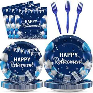 96 Pcs Retirement Plates and Napkins Party Supplies Paper Happy Retirement Party Tableware Set Blue Silver Decorations Favors for Men Women for 24 Guests 96 Pcs Retirement Plates and Napkins Party Supplies Paper Happy Retirement Party Tableware Set Blue Silver Decorations Favors for Men Women for 24 Guests