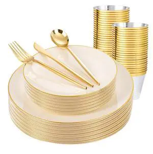 150PCS Ivory Plastic Plates with Gold Trim - Heavy Duty Cream Plastic Disposable for Party & Wedding - Include 25 EachDinner & Dessert Plates, 25 Knives, 25 Forks, 25 Spoons & 25 Cups 150PCS Ivory Plastic Plates with Gold Trim - Heavy Duty Cream Plastic Disposable for Party & Wedding - Include 25 EachDinner & Dessert Plates, 25 Knives, 25 Forks, 25 Spoons & 25 Cups