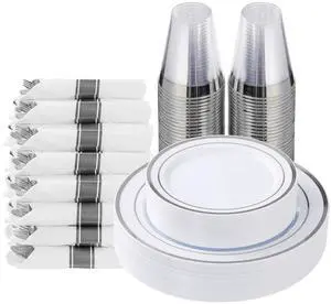 175 Piece Silver Plastic Dinnerware Set for 25 Guests, Fancy Disposable Plates for Party, Include: 25 Dinner Plates, 25 Dessert Plates, 25 Pre Rolled Napkins with Silver Silverware, 25 Cups 175 Piece Silver Plastic Dinnerware Set for 25 Guests, Fancy Disposable Plates for Party, Include: 25 Dinner Plates, 25 Dessert Plates, 25 Pre Rolled Napkins with Silver Silverware, 25 Cups