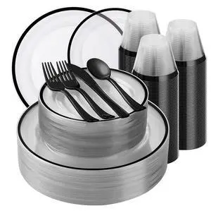 350PCS Black and Clear Plastic Dinnerware Sets for 50 Guests, Include 100 Black Disposable Plates, 100 Forks, 50 Knives, 50 Spoons, 50 Cups,Halloween 350PCS Black and Clear Plastic Dinnerware Sets for 50 Guests, Include 100 Black Disposable Plates, 100 Forks, 50 Knives, 50 Spoons, 50 Cups,Halloween
