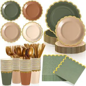 169 Pcs Sage Green and Brown Plates and Napkins Party Supplies for Guests Woodland Baby Shower Tableware Include Scalloped Plates Paper Napkin Cup Spoon Fork Knife for Wedding, Birthday 169 Pcs Sage Green and Brown Plates and Napkins Party Supplies for Guests Woodland Baby Shower Tableware Include Scalloped Plates Paper Napkin Cup Spoon Fork Knife for Wedding, Birthday