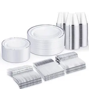 300 PCS Silver Dinnerware Set for 50 Guests, Silver Plastic Disposable Plates for Party, 50 Dinner Plates, 50 Salad Plates, 50 Cups Forks Knives Spoons for Wedding and Party Anniversary 300 PCS Silver Dinnerware Set for 50 Guests, Silver Plastic Disposable Plates for Party, 50 Dinner Plates, 50 Salad Plates, 50 Cups Forks Knives Spoons for Wedding and Party Anniversary