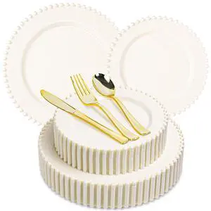 150PCS Ivory Plastic Plate Dinnerware Set, 30 Guests Disposable Beaded Edge Plates, 30 Dinner and 30 Dessert Plates, 90 Gold Silverware for Party, Wedding 150PCS Ivory Plastic Plate Dinnerware Set, 30 Guests Disposable Beaded Edge Plates, 30 Dinner and 30 Dessert Plates, 90 Gold Silverware for Party, Wedding