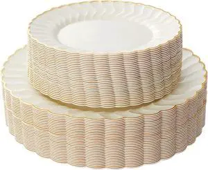 60PCS Ivory Scalloped Plastic Plates with Gold Rim, Disposable Elegant Plates Include 30pcs Dinner Plate 10.25", 30pcs Plastic Dessert Plate 7.5", Perfect for Wedding and Party 60PCS Ivory Scalloped Plastic Plates with Gold Rim, Disposable Elegant Plates Include 30pcs Dinner Plate 10.25", 30pcs Plastic Dessert Plate 7.5", Perfect for Wedding and Party