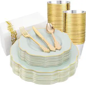 175PCS Sage Green Plastic Plates with Gold Disposable Silverware - Include 50 Green and Gold Plastic Plates,25 Knives,25 Forks,25 Spoons,25 Cups and 25 Napkins - Wedding/Party/Baby Shower 175PCS Sage Green Plastic Plates with Gold Disposable Silverware - Include 50 Green and Gold Plastic Plates,25 Knives,25 Forks,25 Spoons,25 Cups and 25 Napkins - Wedding/Party/Baby Shower