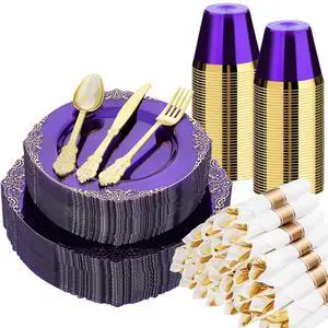 350 PCS Purple and Gold Plastic Plates, Disposable Dinnerware Set for 50 Guests, 100 Disposable Plates, 150 Silverwares, 50 Cups, 50 Napkins for Party, Wedding, Graduation 350 PCS Purple and Gold Plastic Plates, Disposable Dinnerware Set for 50 Guests, 100 Disposable Plates, 150 Silverwares, 50 Cups, 50 Napkins for Party, Wedding, Graduation