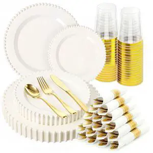 175pcs Plastic Dinnerware Set Ivory 25 Guests for Wedding 175pcs Plastic Dinnerware Set Ivory 25 Guests for Wedding