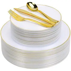 250PCS Gold Disposable Dinnerware Set, White and Gold Plastic Party Plates for 50 Guests, Includes 50 Dinner Plate,50 Dessert Plate,150 Gold Cutlery for Wedding & Party 250PCS Gold Disposable Dinnerware Set, White and Gold Plastic Party Plates for 50 Guests, Includes 50 Dinner Plate,50 Dessert Plate,150 Gold Cutlery for Wedding & Party