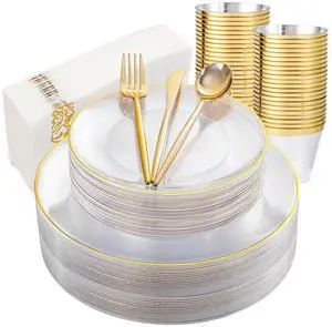 MirthMood 210Pcs Clear and Gold Plastic Dinnerware Set for 30 Guests, Includes 30 Dinner Plates, 30 Dessert Plates, 30 Cups, 30 Napkins, 30 Knives, 30 Forks, 30 Spoons for Wedding, Birthday Party MirthMood 210Pcs Clear and Gold Plastic Dinnerware Set for 30 Guests, Includes 30 Dinner Plates, 30 Dessert Plates, 30 Cups, 30 Napkins, 30 Knives, 30 Forks, 30 Spoons for Wedding, Birthday Party