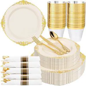 175PCS Ivory Plastic Plates - Ivory Gold Plastic Dinnerware Sets for 25 Guests - 50 Gold Disposable Plates, 25 Pre Rolled Cutlery Set, 25 Cups Perfect for Wedding, Party 175PCS Ivory Plastic Plates - Ivory Gold Plastic Dinnerware Sets for 25 Guests - 50 Gold Disposable Plates, 25 Pre Rolled Cutlery Set, 25 Cups Perfect for Wedding, Party