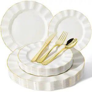 125PCS Ivory Plastic Plates Sets with Gold Rim, Gold Dinnerware Set for 25 Guests, 50 Disposable Dinner and Dessert Plates, 75 Silverwares for Party and Wedding 125PCS Ivory Plastic Plates Sets with Gold Rim, Gold Dinnerware Set for 25 Guests, 50 Disposable Dinner and Dessert Plates, 75 Silverwares for Party and Wedding