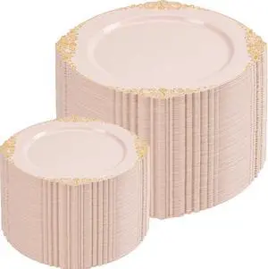 200PCS Pink and Gold Plates - Pink Plastic Plate - Fancy Disposable Plates with Gold Rim - Vintage Wedding Dinner & Dessert Plate for 100 Guests for Wedding & Bridal Shower 200PCS Pink and Gold Plates - Pink Plastic Plate - Fancy Disposable Plates with Gold Rim - Vintage Wedding Dinner & Dessert Plate for 100 Guests for Wedding & Bridal Shower