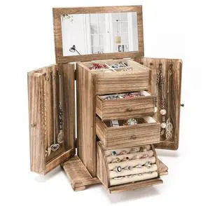 Jewelry Box for Women, Rustic Wooden Jewelry Boxes & Organizers with Mirror, 4 Layer Jewelry Organizer Box Display for Rings Earrings Necklaces Bracelets (Rustic Brown) Jewelry Box for Women, Rustic Wooden Jewelry Boxes & Organizers with Mirror, 4 Layer Jewelry Organizer Box Display for Rings Earrings Necklaces Bracelets (Rustic Brown)