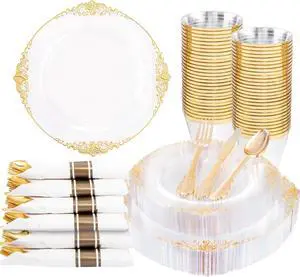 175PCS Clear Gold Plastic Plates - Disposable Gold Party Plates & Pre Rolled Napkins with Cutlery for 25 Guests, 50Plates, 75Silverware, 25Cups, 25Napkin for Wedding & Party 175PCS Clear Gold Plastic Plates - Disposable Gold Party Plates & Pre Rolled Napkins with Cutlery for 25 Guests, 50Plates, 75Silverware, 25Cups, 25Napkin for Wedding & Party