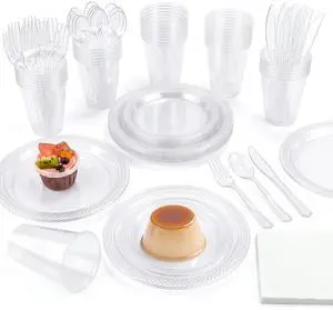 200 Pieces Clear Party Supplies Disposable Dinnerware Set Include Plastic Plates Cups Knives Forks Spoons Paper Napkins for Birthday Wedding Graduation Parties, Serve 25 Guests 200 Pieces Clear Party Supplies Disposable Dinnerware Set Include Plastic Plates Cups Knives Forks Spoons Paper Napkins for Birthday Wedding Graduation Parties, Serve 25 Guests
