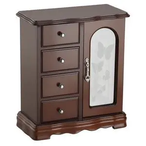 Solid Wood Jewelry Box - Large Organizer with 4 Drawers, Built-in Necklace Carousel & Large Mirror, Brown Solid Wood Jewelry Box - Large Organizer with 4 Drawers, Built-in Necklace Carousel & Large Mirror, Brown