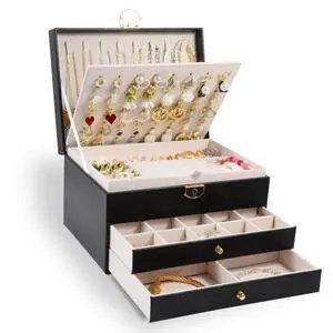 3-Layer Jewelry Box for Women, Jewelry Organizers and Storage with Removable Jewelry Tray, Vintage Quilted Top Lockable Jewelry Holder Gift Idea Black 3-Layer Jewelry Box for Women, Jewelry Organizers and Storage with Removable Jewelry Tray, Vintage Quilted Top Lockable Jewelry Holder Gift Idea Black