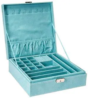 Two-Layer lint Jewelry Box Organizer Display Storage case with Lock (Blue) Two-Layer lint Jewelry Box Organizer Display Storage case with Lock (Blue)