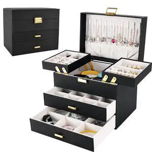 Jewelry Organizer Box, Large Jewelry Boxes for Women Girls, Space-Saving 4 Layers Jewelry Storage Case with Drawer, Movable Metal Stand, Modern, Gift Idea (Black + Gold) Jewelry Organizer Box, Large Jewelry Boxes for Women Girls, Space-Saving 4 Layers Jewelry Storage Case with Drawer, Movable Metal Stand, Modern, Gift Idea (Black + Gold)