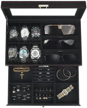 Watch Jewelry Box Organizer, 6-Slot 2-Layer Watch Case and Sunglasses Storage with Large Glass Lid, Men's Jewelry Box with Lock, Watch Holder Display Case, Fathers Day Gift for Dad Watch Jewelry Box Organizer, 6-Slot 2-Layer Watch Case and Sunglasses Storage with Large Glass Lid, Men's Jewelry Box with Lock, Watch Holder Display Case, Fathers Day Gift for Dad