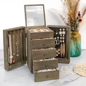 Jewelry Box Wood for Women, 5-Layer Large Organizer Box with Mirror & 4 Drawers for Rings, Earrings, Necklaces, Vintage Style, Weathered Grey Jewelry Box Wood for Women, 5-Layer Large Organizer Box with Mirror & 4 Drawers for Rings, Earrings, Necklaces, Vintage Style, Weathered Grey