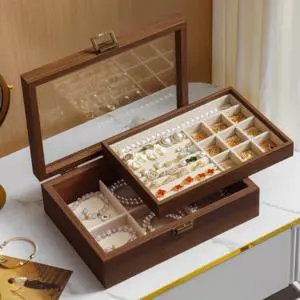 2-Layer Glass Lid Walnut Jewelry Box for Women, Vintage Style Solid Wood Jewelry Organizer and Display Case, Ideal Gift for Rings, Earrings, Necklaces & Bracelets 2-Layer Glass Lid Walnut Jewelry Box for Women, Vintage Style Solid Wood Jewelry Organizer and Display Case, Ideal Gift for Rings, Earrings, Necklaces & Bracelets