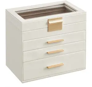 GISELLA Collection - Jewelry Box with Glass Lid, 4-Layer Jewelry Organizer, 3 Drawers, for Sunglasses, Big Jewelry, Jewelry Storage, Modern Style, Cloud White and Gold Colour UJBC161W01 GISELLA Collection - Jewelry Box with Glass Lid, 4-Layer Jewelry Organizer, 3 Drawers, for Sunglasses, Big Jewelry, Jewelry Storage, Modern Style, Cloud White and Gold Colour UJBC161W01
