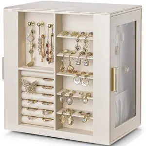 360 Rotating Jewelry Box with 5 Drawers, Large Jewelry Storage with 2 Glass Window, PU Leather Jewelry Organizer for Bracelets, Necklaces, Earrings, Rings - Cloud White 360 Rotating Jewelry Box with 5 Drawers, Large Jewelry Storage with 2 Glass Window, PU Leather Jewelry Organizer for Bracelets, Necklaces, Earrings, Rings - Cloud White