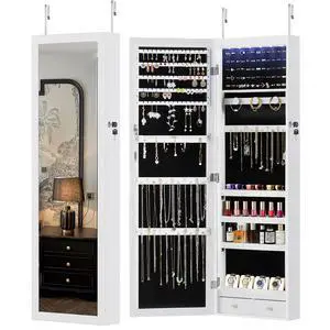6 LEDs Mirror Jewelry Cabinet, Wall or Door Mounted Jewelry Organizer, 47.2-Inch Tall Lockable Large Capacity Cosmetic Storage, Gift Idea, White 6 LEDs Mirror Jewelry Cabinet, Wall or Door Mounted Jewelry Organizer, 47.2-Inch Tall Lockable Large Capacity Cosmetic Storage, Gift Idea, White