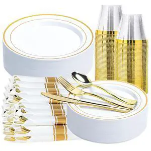 175 PCS White and Gold Plastic Dinnerware Set for 25 Guests, Disposable Party Plates for 25 Guests, Include: 50 Plastic Plates, 25 Pre Rolled Napkins with Gold Silverware, 25 Cups 175 PCS White and Gold Plastic Dinnerware Set for 25 Guests, Disposable Party Plates for 25 Guests, Include: 50 Plastic Plates, 25 Pre Rolled Napkins with Gold Silverware, 25 Cups